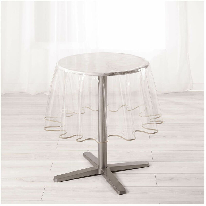 Nappe cristal ronde - Diamètre 180 cm - Biais Taupe - Transparent
