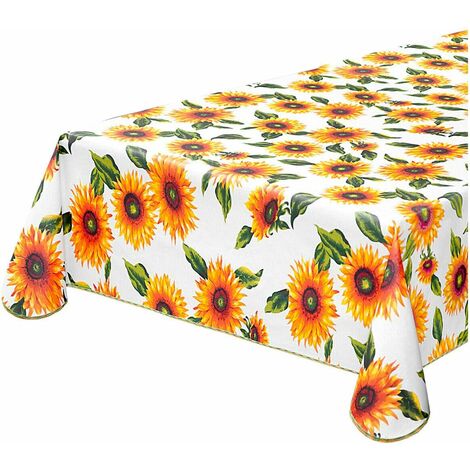 Nappe de cuisine AntiTaches Bordée Couverture de table En coton plastifiè Tournesols Blanc - 135x135 cm