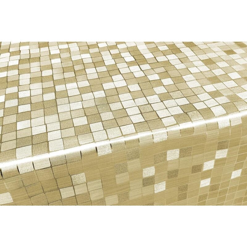 Nappe de Cuisine AntiTaches Plastifié Métallisé Brillant Carreaux Dorés - 140x140 Cm