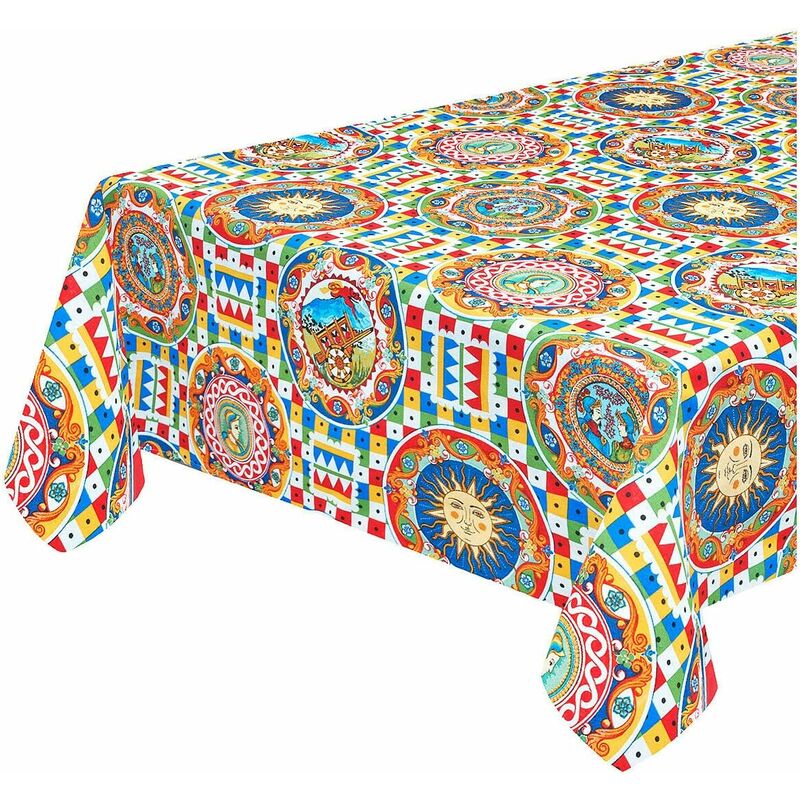 Nappe de Cuisine Bordée en Coton Mosaïque Sicilienne Coloré - 135x230 cm
