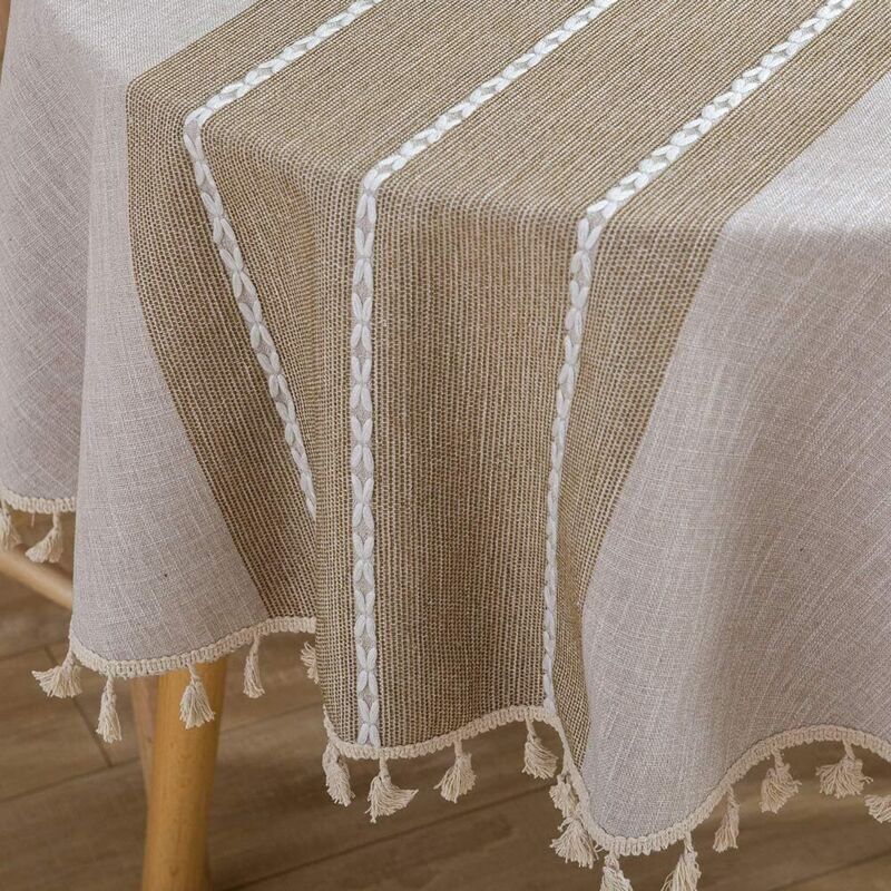 Nappe de ferme avec pompon à coutures lourdes (rond, 60 pouces, lin) Nappe en coton et lin anti-poussière pour décoration de table à manger de cuisine