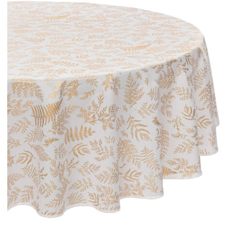 Nappe de Fêtes ronde anti-taches Blanche imprimé Feuillage doré D 180 cm - Feeric Christmas