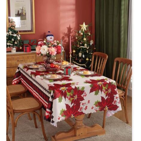 Nappe de Noël MICH - 150x220 cm - Rectangulaire - Poinsettia rouge - Tissu lavable - Idéale pour pique-nique ou mariage