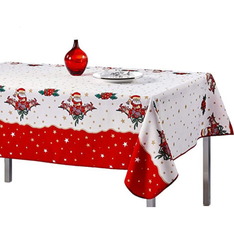 Nappe de Noël motifs Père Noël – Anti-taches – 240x150cm – Polyester durable pour fêtes – Lavable en machine à 30°