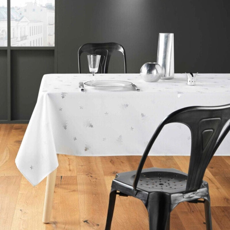 Nappe de Noël Rectangle - Tissu Antitache / Imperméable – Sapin argent – Différentes tailles - Blanc - 240x150cm.