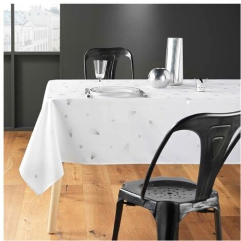 Nappe de Noël Rectangle - Tissu Antitache / Imperméable – Sapin argent – Différentes tailles - Blanc - 300x150cm.