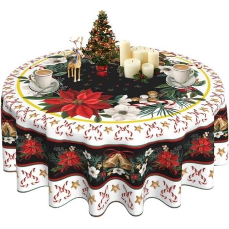 Nappe de Noël ronde MICH - 150 cm - Rouge - Lavable en polyester - Résistante aux taches et imperméable - Motifs festifs