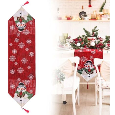 Nappe de Noël rouge à motifs flocons de neige et bonhommes de neige, 33x183cm, parfaite pour décorations de fête.