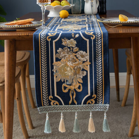 Nappe de Table à Franges Fleuries en Chenille Douce, Antidérapante et Anti-Poussière, 32x180cm, Bleu Foncé pour Maison et Hôtel