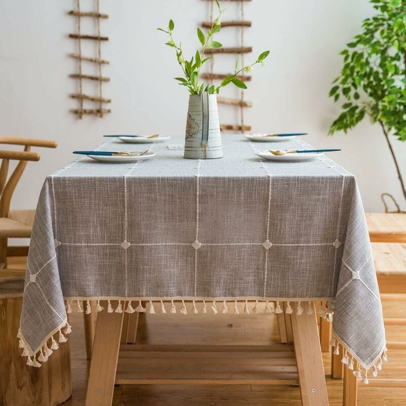Tinor - Nappe de Table Lavable en Coton et Lin, Pampilles Nappe de Anti-Poussière Rectangulaire pour Décoration de la Cuisine(Gris à Carreaux,