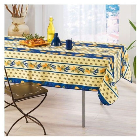 Nappe de Table Provençale Rectangle 150x240 cm, linge table Anti-Tâche Glycine, 100% Polyester, coloris Citron-bleu