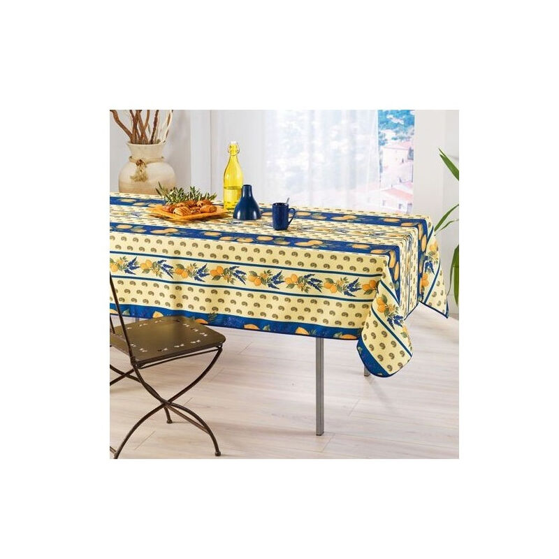 Visiodirect - Nappe de Table Provençale Rectangle 150x240 cm, linge table Anti-Tâche Glycine, 100% Polyester, coloris Citron-bleu
