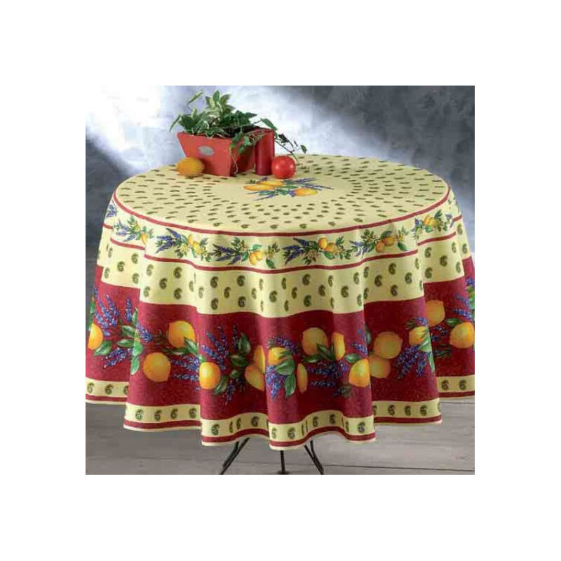 Nappe de Table Provençale Ronde 180cm, linge table Anti-Tâche Glycine, 100% Polyester coloris Citron-rouge