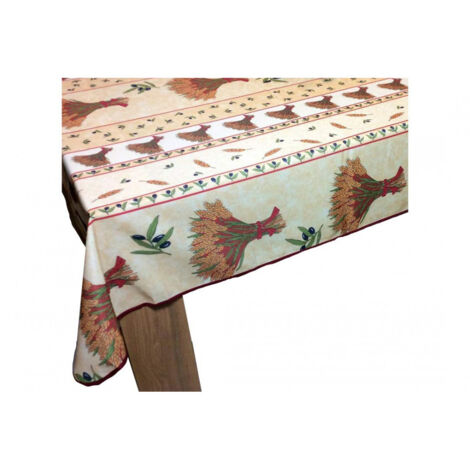 Nappe de Table Provençale Rectangle 150x300 cm, motif Bouquet De Blé Anti-Tâche, 100% Polyester coloris Beige