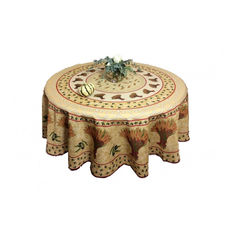 Visiodirect - Nappe de Table Provençale Ronde180cm, Anti-Tâche avec motif Bouquet De Blé, 100% Polyester coloris beige