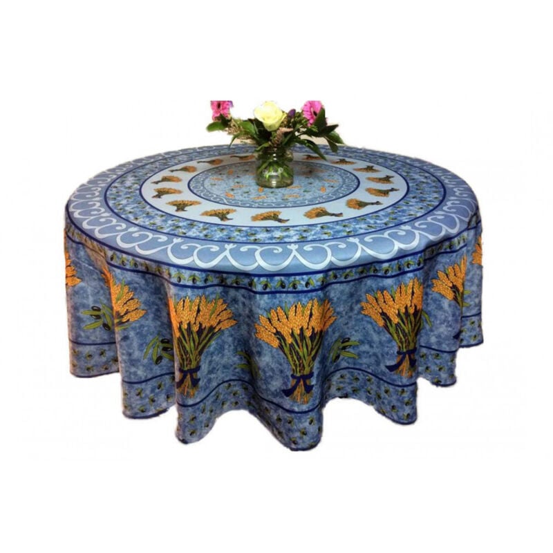 Nappe de table Tissu Ronde 180 cm motif Bouquet de blé , linge table Anti-Tâche, 100% polyester coloris bleu