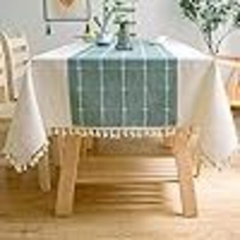 Nappe de Table rectangulaire en Coton et Lin Solide Broderie À Carreaux Gland Coton Couverture De Table en Linge pour Cuisine Salle (140x220 cm )