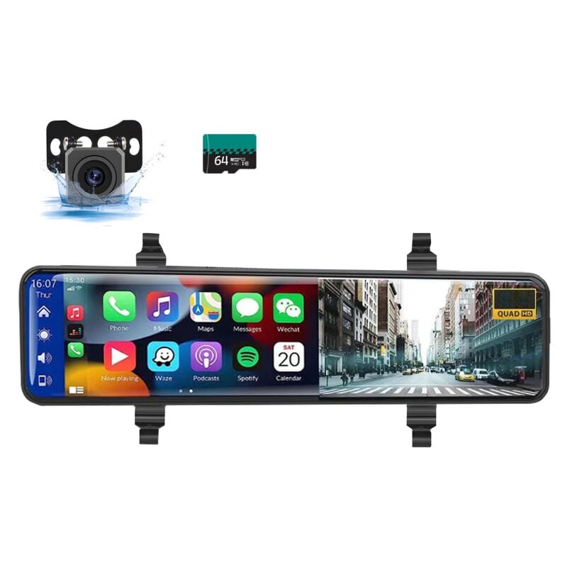 LIFCAUSAL Caméra embarquée 4K avec Apple CarPlay/Android Auto sans fil Rétroviseur 11,26" à commande vocale, enregistrement WiFi, émetteur FM