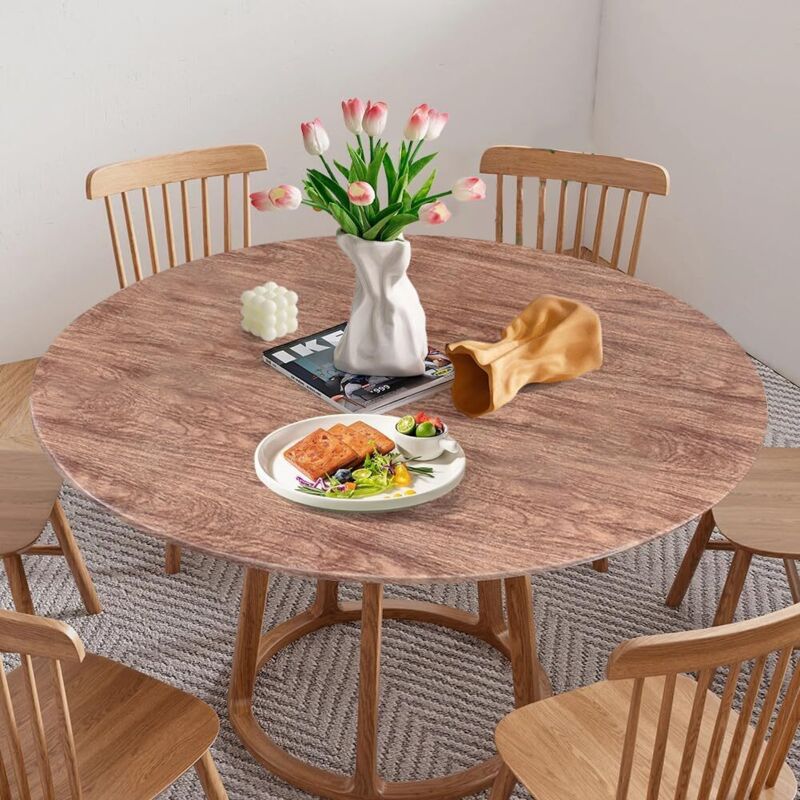 Nappe de table ronde, lavable avec élastique, résistante aux intempéries, idéale pour 90 à 110 cm, marron grain de bois