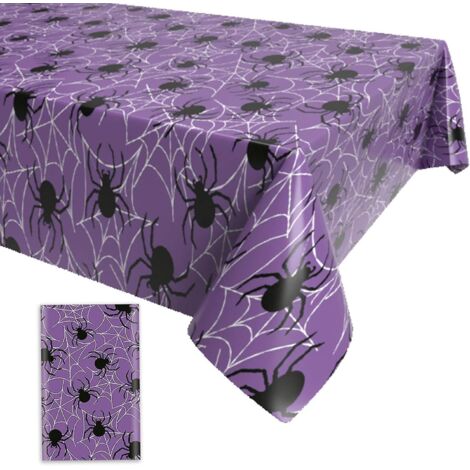 Nappe d'Halloween violette à motif toile d'araignée - Grande nappe rectangulaire imperméable en plastique pour décorations intérieures et extérieures - 130 x 220 cm