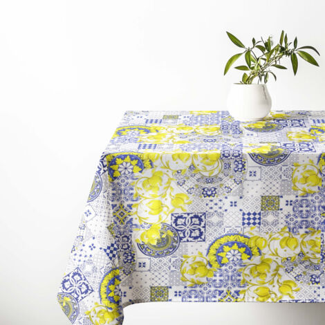 Nappe en coton Sissi motif majolique et citrons - Style méditerranéen - Fabriqué en Italie Cm. 140x180 x6 personnes