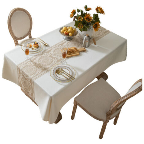Nappe Imperméable en Lin Artificiel 140x180cm, Housse de Table Rectangulaire à Fleurs et Pompons, Résistante à l'Huile