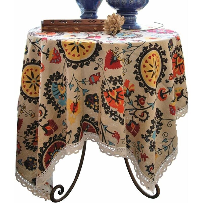nappe lavable en jacquard floral bohème moderne avec dentelle pour table à manger, 137,16 x 137,16 cm