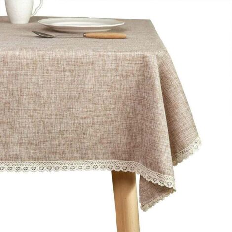 Nappe lavable en toile de jute de campagne, épaisse marron, 140x180 cm, nappe rectangulaire recouverte de bord en dentelle, adaptée à la décoration de la cuisine