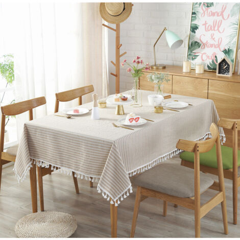Nappe, nappe frangée, nappe frangée simple en coton et lin rayée nappe rectangulaire beige 140180cm une pièce