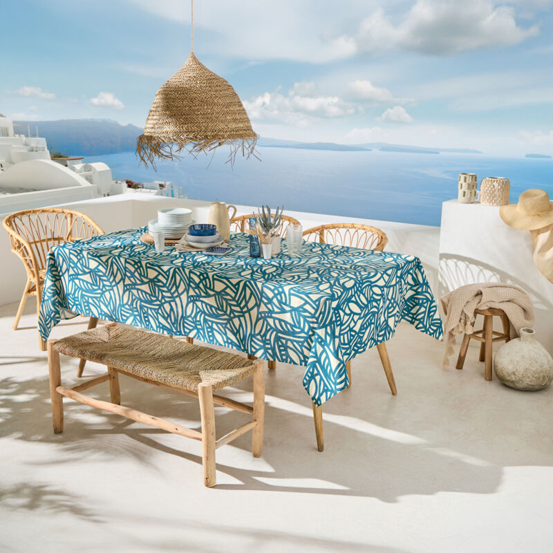 Nappe ovale coton enduit feuillage abstrait Bleu 170x240 cm