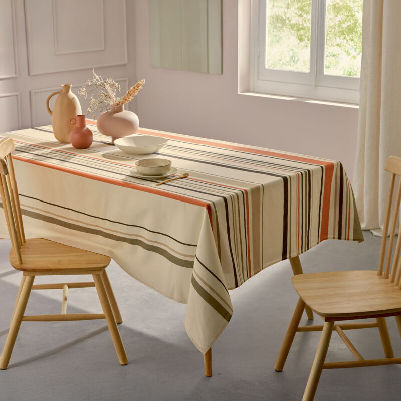 Nappe ovale coton enduit rayures basque Beige 170x240 cm
