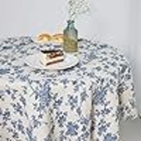 Nappe Pastorale Fleurie Bleu en Lin de Coton Nappe Style Fermier d'intérieur et d'extérieur de 140cm Ronde pour Les fêtes, Les Pique-niques