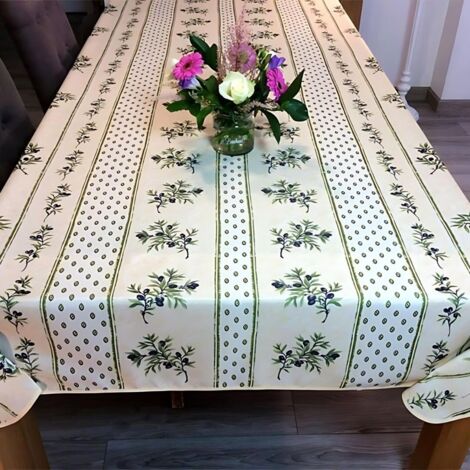 Nappe Provençale Anti-Tâche Olivou 100% Polyester - vert et blanc - 240x150cm