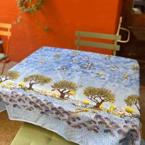 Nappe Provençale Rectangle Anti-Tâche Arbre Olivier 100% Polyester - bleu - 240x150cm