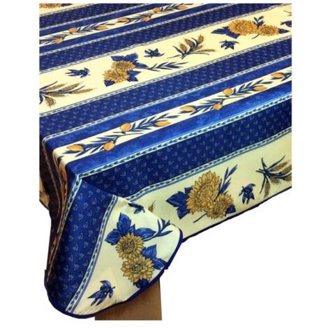 Nappe Provençale Rectangle Anti-tâche Tournesol Abeille Bleu.