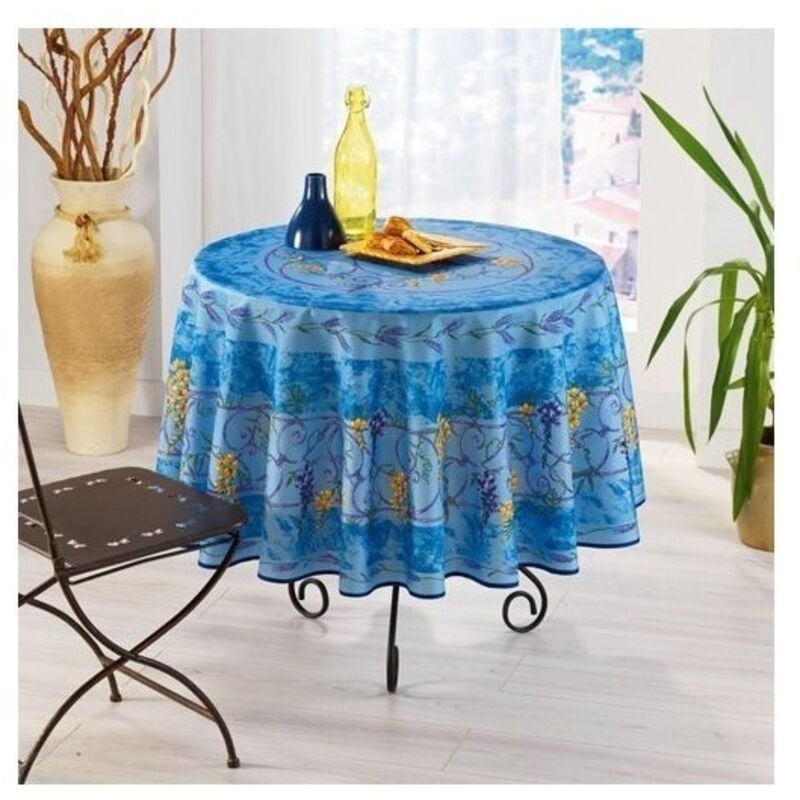Nappe Provençale Ronde Anti-Tâche Glycine 100% Polyester - bleu .