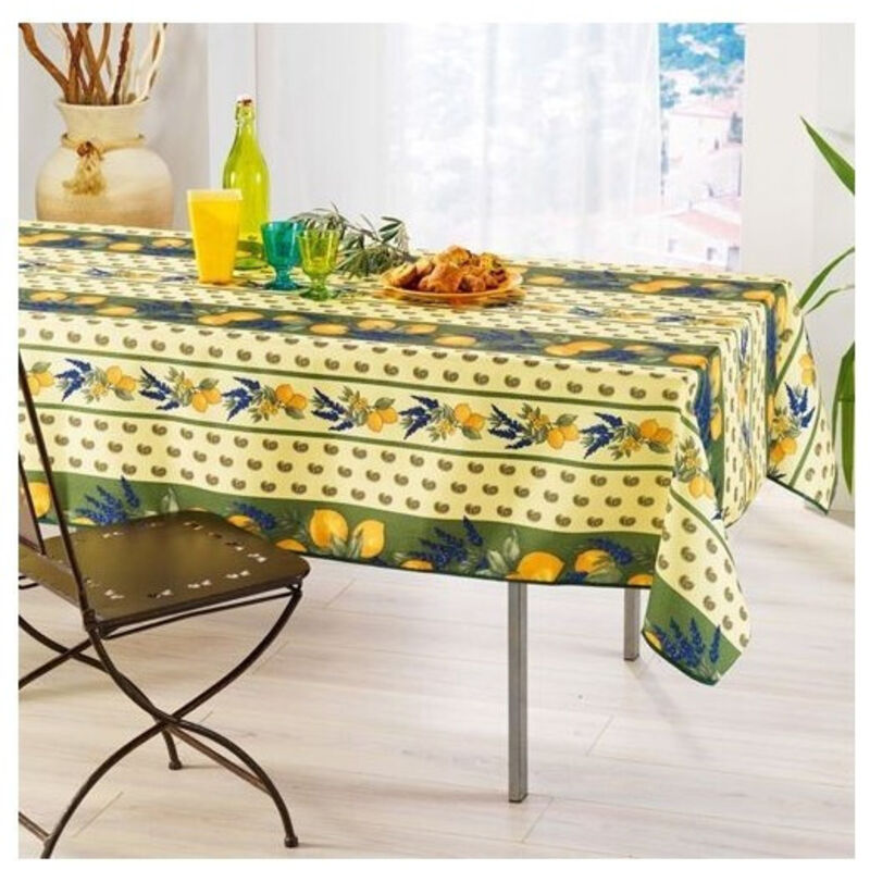 Nappe Provençale Rectangle Anti-Tâche 100% Polyester - Citron - 240 x 150 cm - Vert