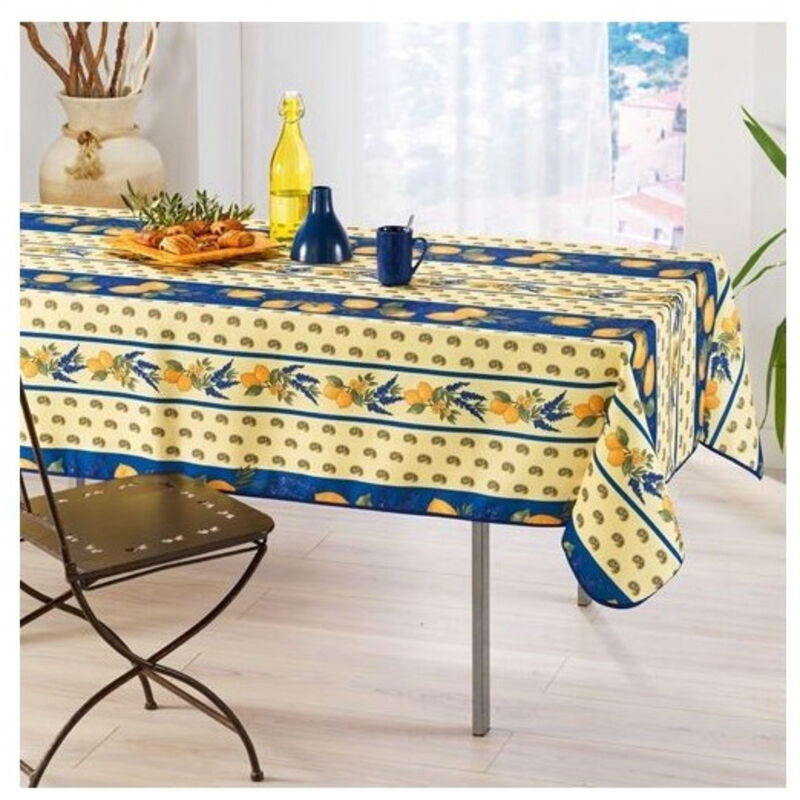 Nappe Provençale Rectangle Anti-Tâche 100% Polyester - Citron - bleu - 300x150cm.