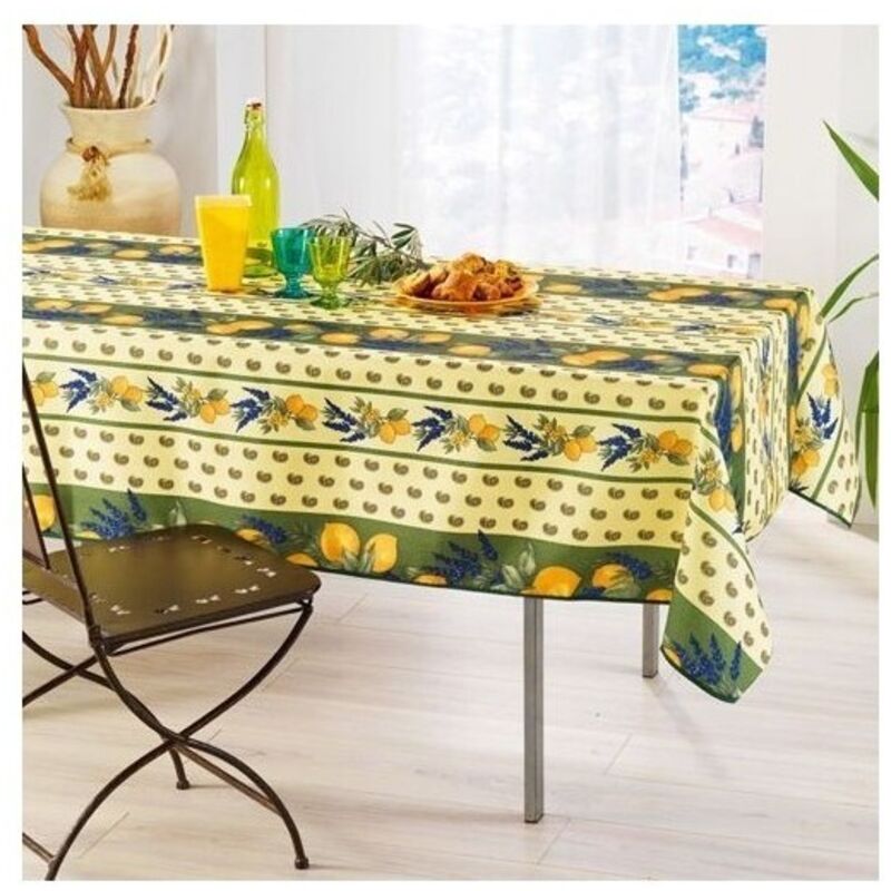 Nappe Provençale Rectangle Anti-Tâche 100% Polyester - Citron - 200 x 150 cm - Vert