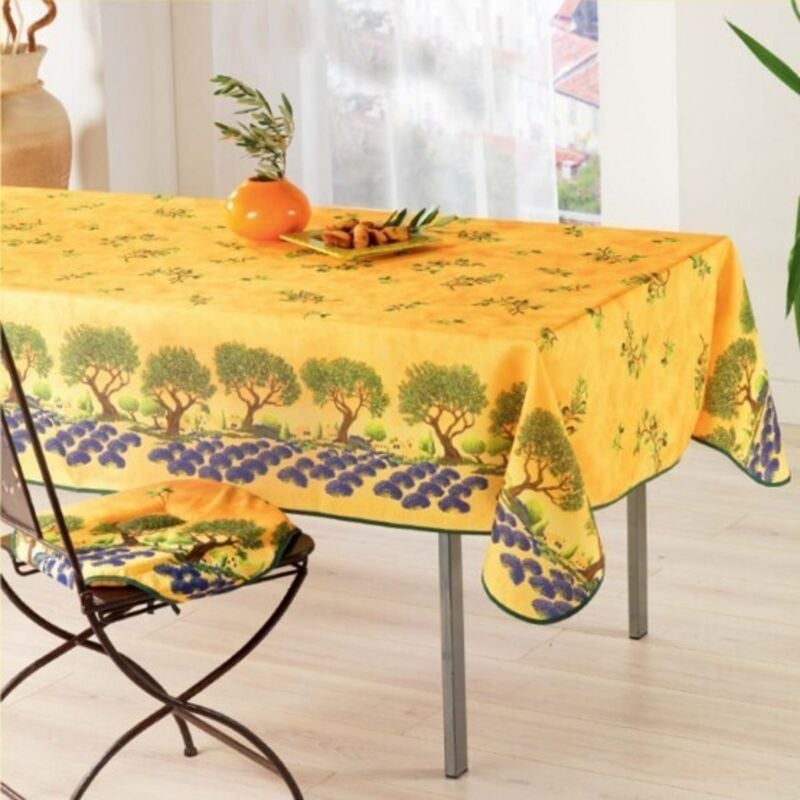 Nappe Provençale Rectangle Anti-Tâche Arbre Olivier 100% Polyester - jaune - 300x150cm.