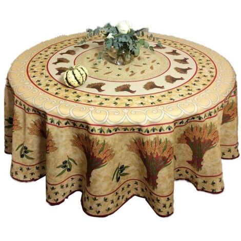 Nappe Provençale Ronde Anti-Tâches Bouquet De Blé 100% Polyester - beige