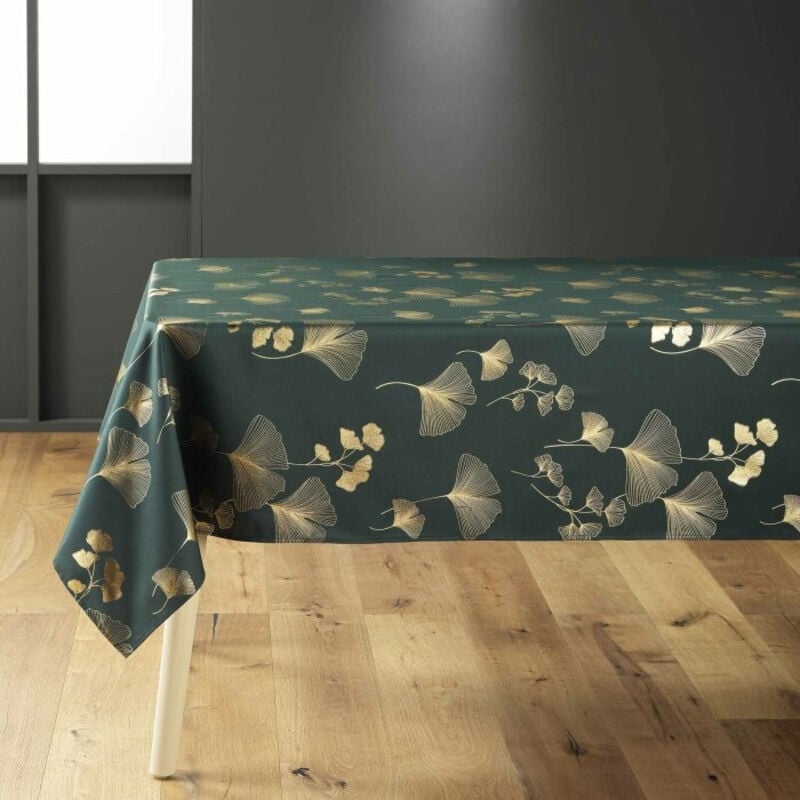Bricoline - Nappe rectangle 150 x 300 cm polyester imprimé metallisé Bloomy Vert/or