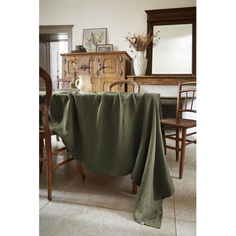 L'effet Papillon - Nappe rectangle 170 x 250 cm lin en lavé Soline thym Kaki