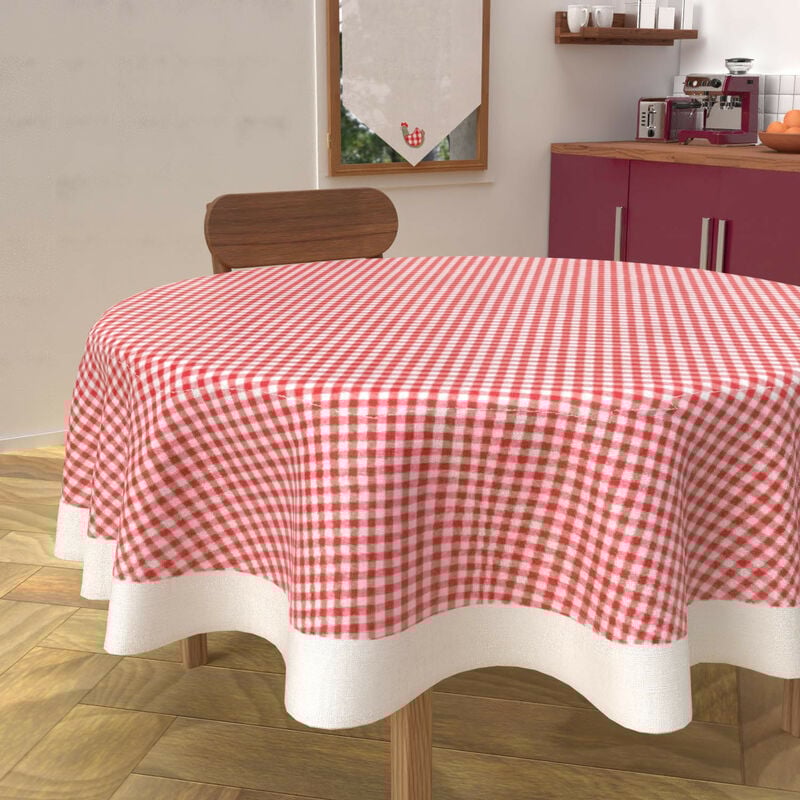 Soleil D Ocre - Nappe ronde anti-tâches en coton diamètre 160 cm vichy rouge, par Soleil d'Ocre