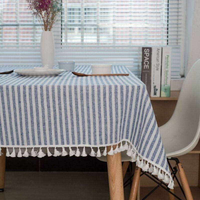 Nappe Rectangle Nappes Nappe à Pampilles rayées Protection de Table Jupe de Table en Lin Table à Manger de Cuisine (Rayures Bleues/Blanches,