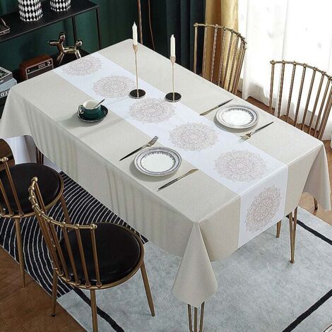 Nappe Rectangulaire 140x90 Toile Cirée Imperméable Linge de Table Nappe Anti Tache Toile Cirée Rétro Fleurs PVC Nappe Enduite Lavable pour Table à Manger Salle a Manger Cuisine Jardin Beige