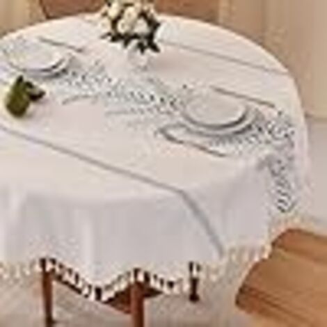 Nappe Rectangulaire Anti Tache en Cotton Lin Beige, Nappe de Table Linge de Table Lavable avec Franges et Broderie de Feuilles Vertes,140 x 240 cm