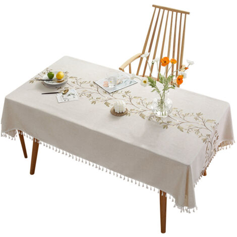 Nappe rectangulaire beige nappe frangée lavable en coton et lin antitache avec broderie et frange kaki, nappe imperméable pour table de cuisine, 140 x 180 cm