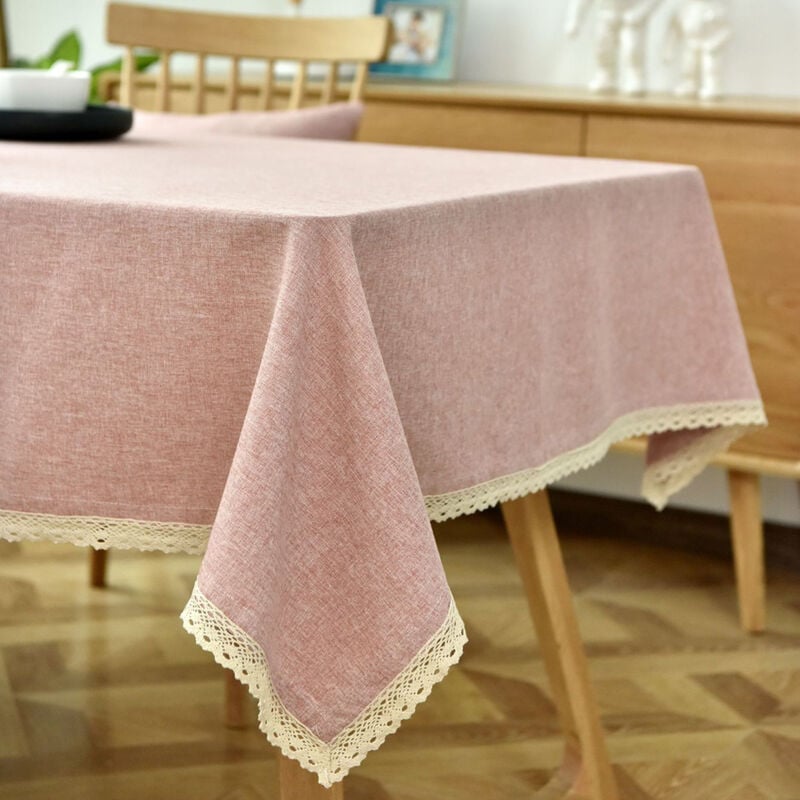Jn.songs - Nappe Rectangulaire Lavable en Coton et Lin avec Glands Linge de Tabl pour Anniversaire Mariage Table Basse Table à Manger Rose - 90x150CM