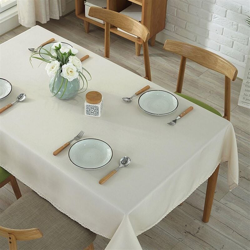 Jn.songs - Nappe Rectangulaire Lavable en Coton et Lin avec Glands Linge de Tabl pour Anniversaire Mariage Table Basse Table à Manger Beige